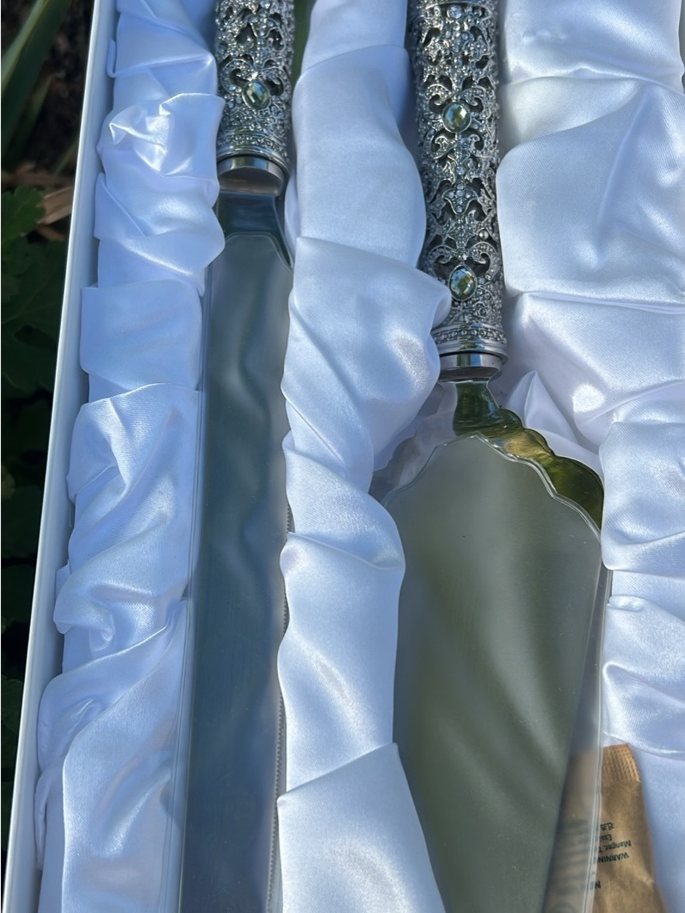 Ornate Jeweled Cake Server and Knife Set - Silver Handles